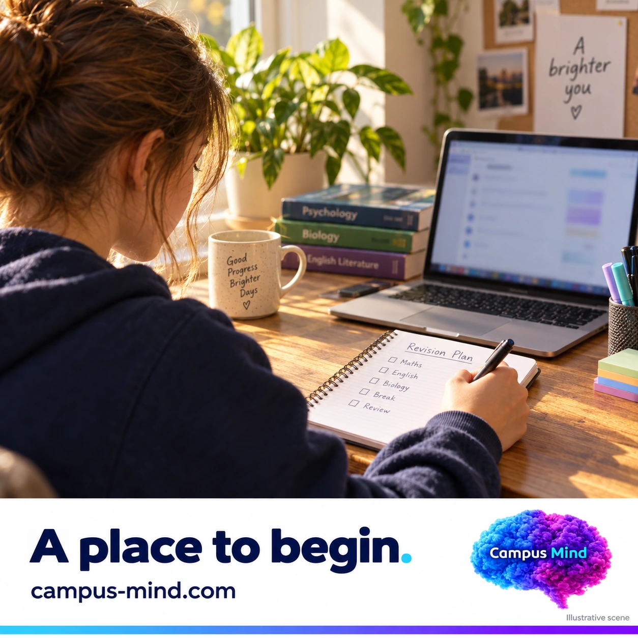Illustration of a student writing a revision plan beside a laptop, with the Campus Mind headline A place to begin.
