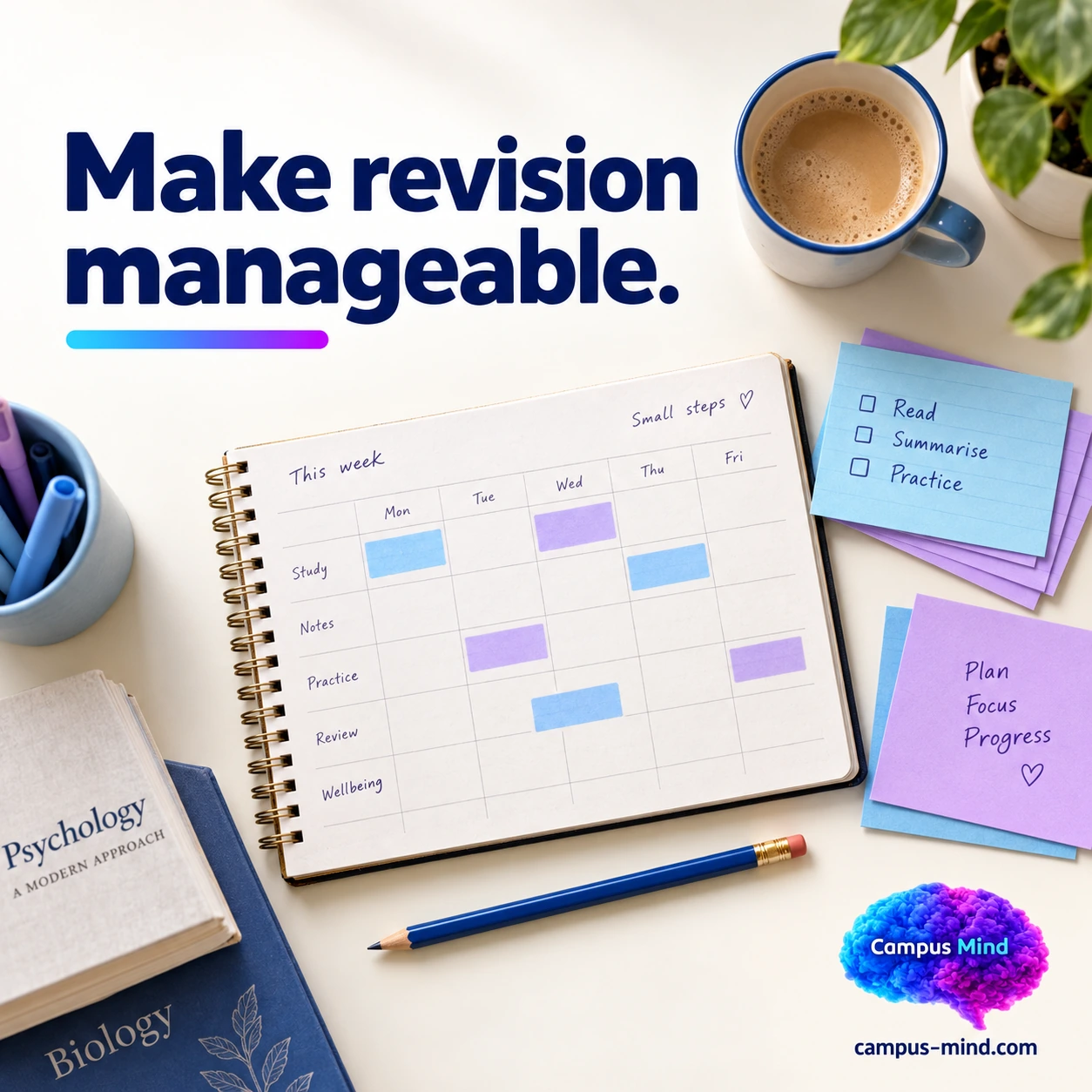 Campus Mind campaign illustration of a weekly revision planner, books and notes beneath the headline Make revision manageable.