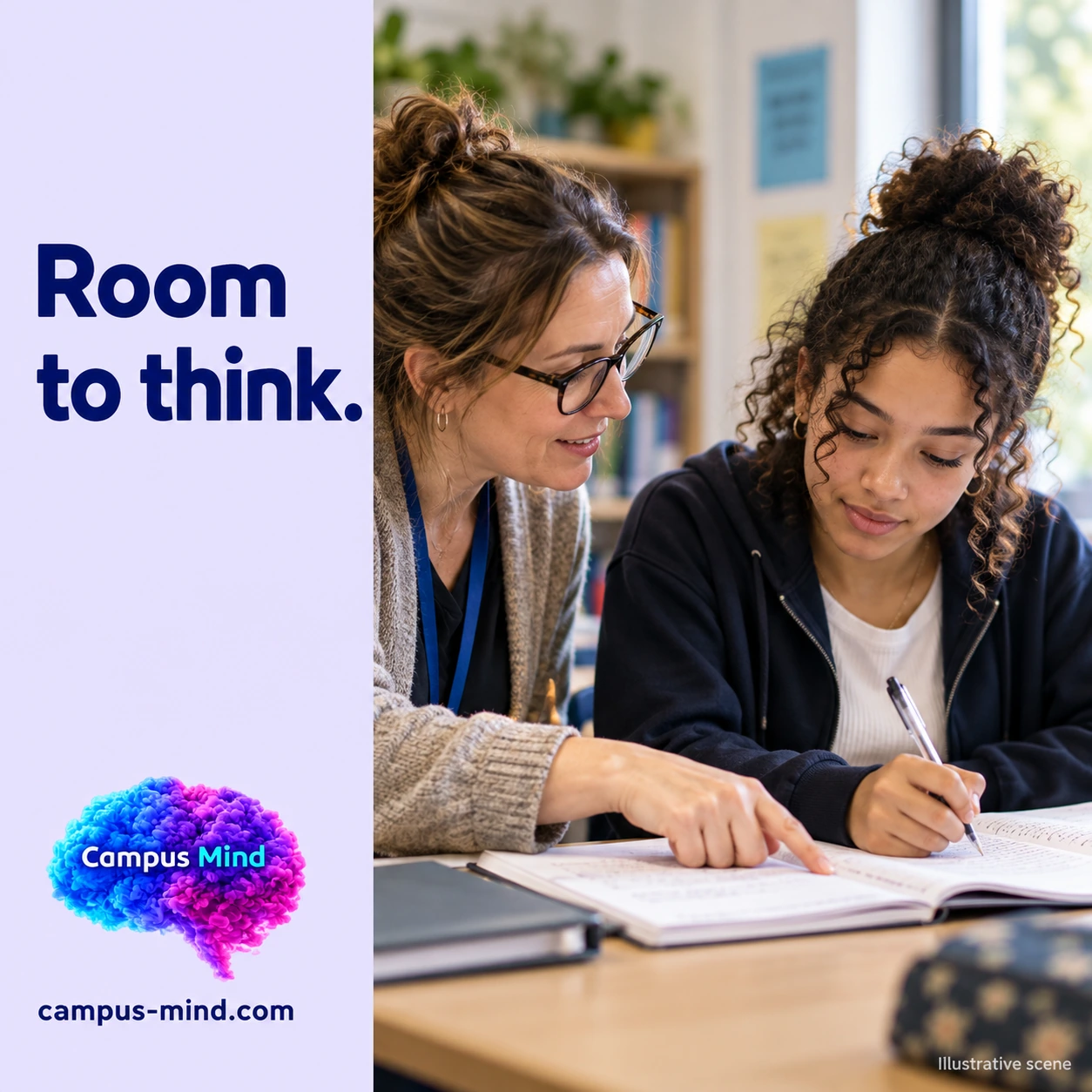 Campus Mind illustration of a teacher guiding a student through written work, with the words Room to think.